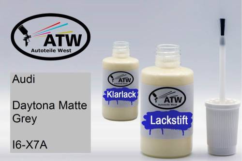 Audi, Daytona Matte Grey, I6-X7A: 20ml Lackstift + 20ml Klarlack - Set, von ATW Autoteile West.